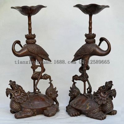 批發(fā)精品銅器 純銅仿古龜鶴延年獨(dú)占鰲頭燭臺 龜鶴蠟臺擺件工藝品